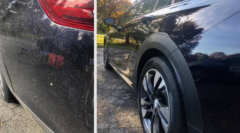 Mobile wash and wax in Charlotte: Black Buick Regal paint covered in dirt and water spots before, glossy and clean after
