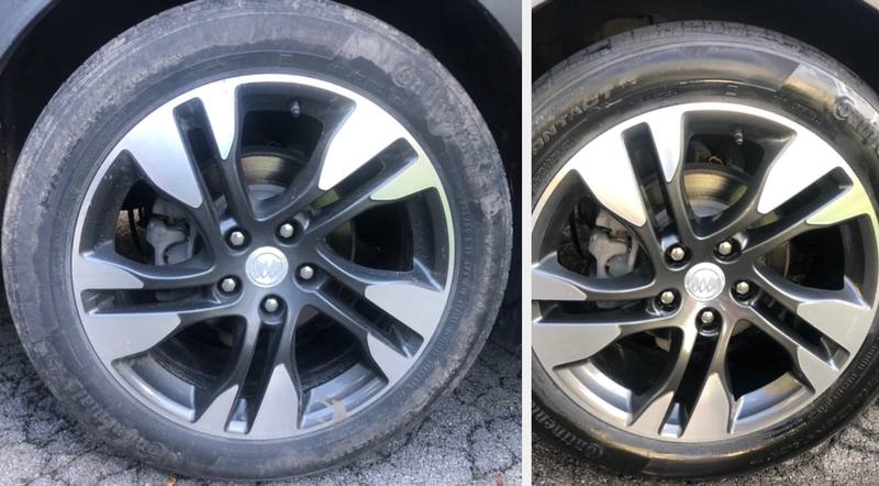 Mobile exterior detailing in Charlotte: Buick wheel and tire covered in brake dust before, clean wheel and shined tire after
