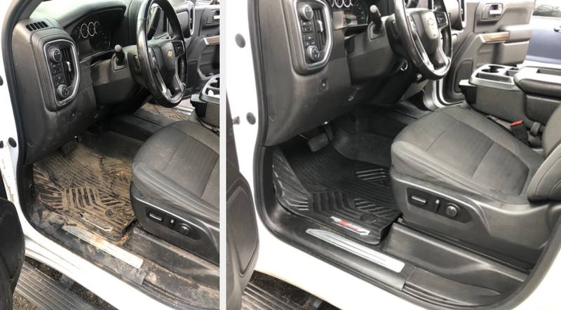Mobile interior detailing in Charlotte: Chevy Silverado driver side with a mud-covered floor liner before, clean after an interior detail