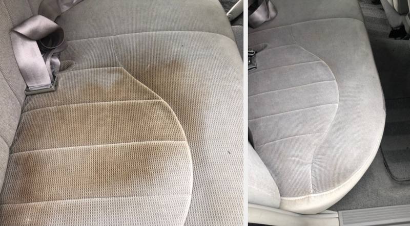 Mobile interior detailing in Charlotte: Gray cloth back seat with a large brown stain before, stain gone after upholstery cleaning