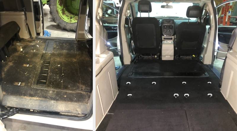 Mobile interior detailing in Charlotte: Dodge Grand Caravan rear floor caked in dirt before, vacuumed and shampooed clean after