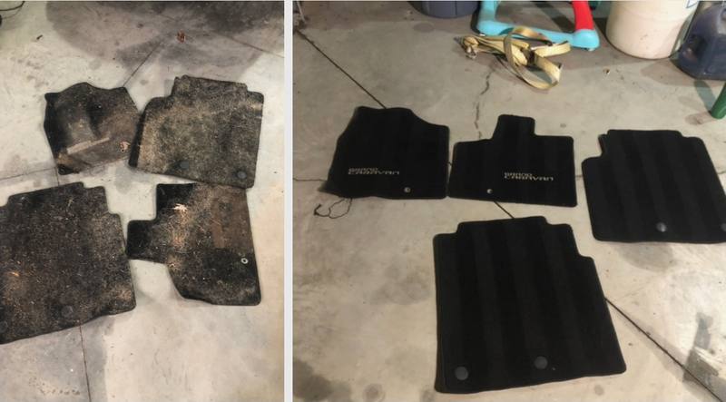 Mobile interior detailing in Charlotte: Dodge Grand Caravan carpet floor mats covered in dirt before and cleaned after