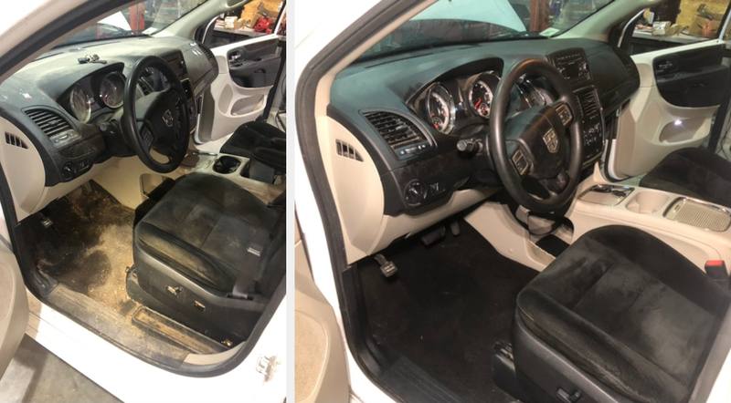 Mobile interior detailing in Charlotte: Dodge Grand Caravan front interior with a dirty floor and dusty dash before, clean after an interior detail