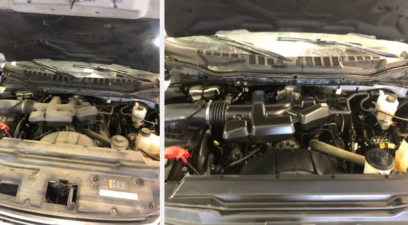 Mobile engine bay cleaning in Charlotte: Ford truck engine bay covered in dust before, clean and dressed after