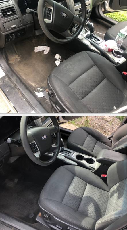 Mobile interior detailing in Charlotte: Ford Fusion driver side with trash and a stained carpet before, cleaned after an interior detail
