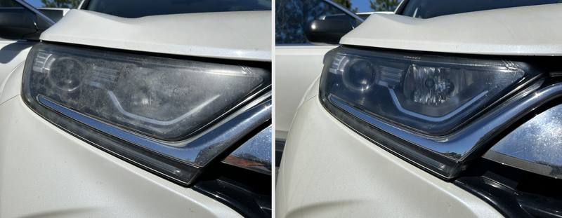 Mobile headlight restoration in Charlotte: Cloudy, oxidized SUV headlight before and a clear headlight after restoration