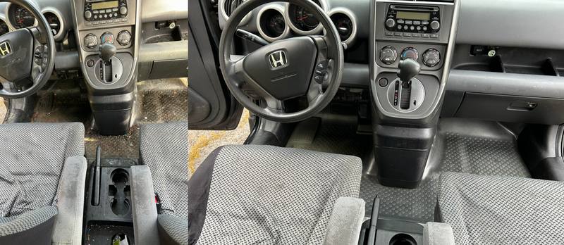 Mobile interior detailing in Charlotte: Honda Element front cabin with dirty rubber floors and crumbs in the console before, clean after
