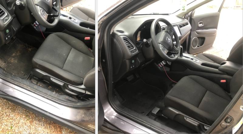 Mobile interior detailing in Charlotte: Honda HR-V driver side with a dirty floor before, vacuumed and clean after