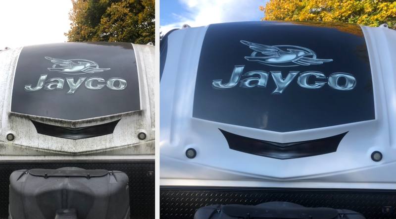 Mobile exterior detailing in Charlotte: Jayco RV front cap streaked with dirt and mildew before, bright and clean after