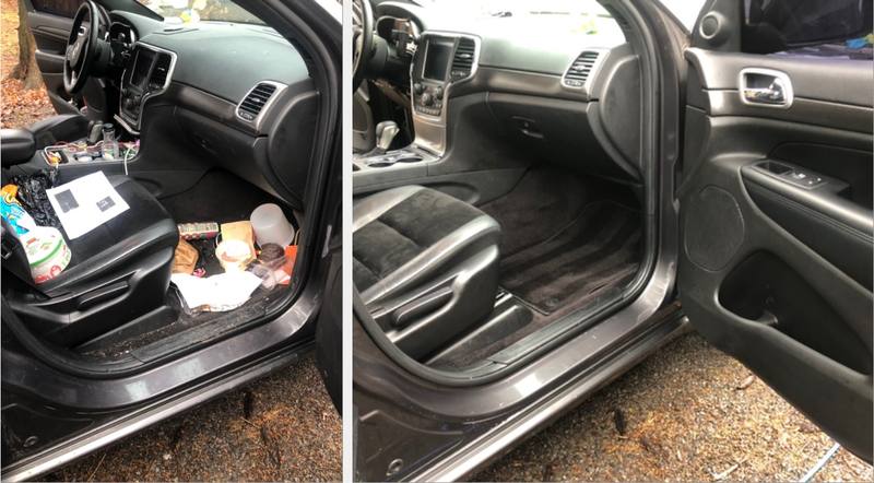 Mobile interior detailing in Charlotte: Jeep Grand Cherokee passenger side full of trash before, cleaned out and detailed after