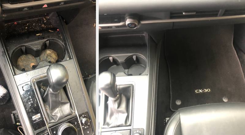 Mobile interior detailing in Charlotte: Mazda CX-30 center console with grimy cup holders before, clean cup holders and floor mat after