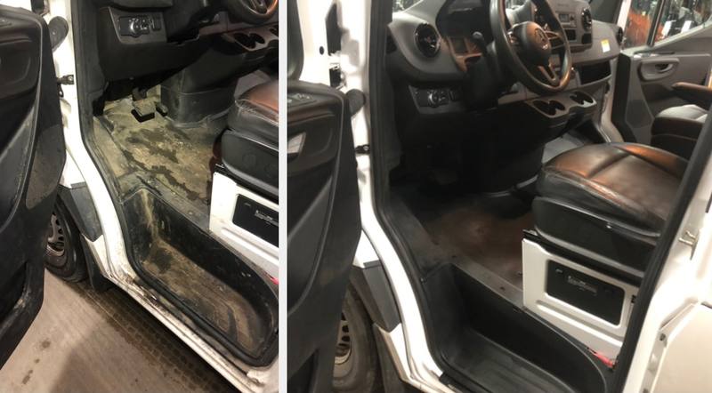 Mobile interior detailing in Charlotte: Mercedes Sprinter van cab with a stained, dirty floor before and clean after