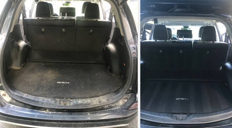 Mobile interior detailing in Charlotte: Toyota RAV4 cargo area covered in dirt and grass before, vacuumed clean after