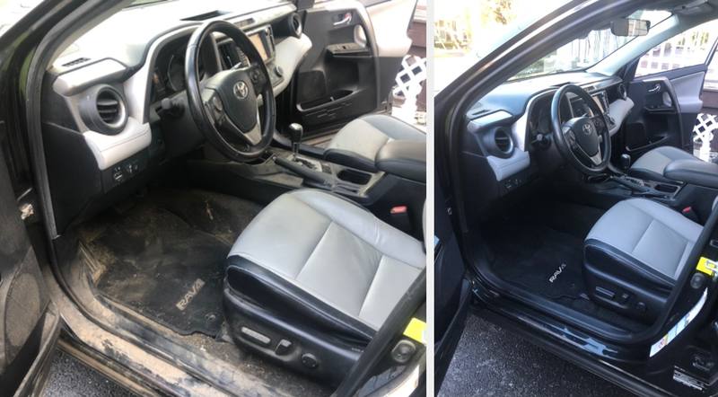 Mobile interior detailing in Charlotte: Toyota RAV4 driver side before and after an interior detail, muddy floor mat and door sill cleaned